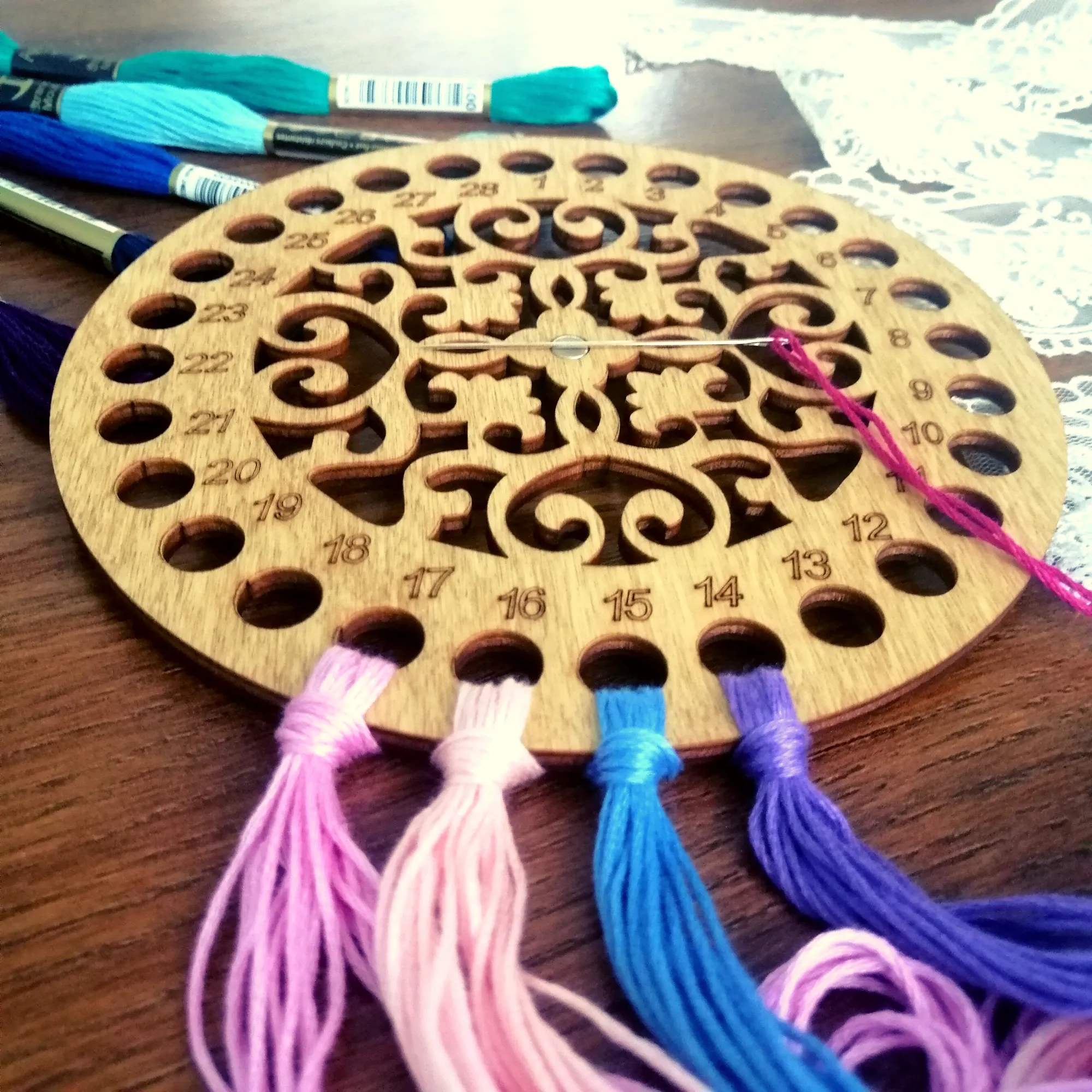 Wooden Cross Stitch Organizer with Small Needle Holder Magnet - Design8