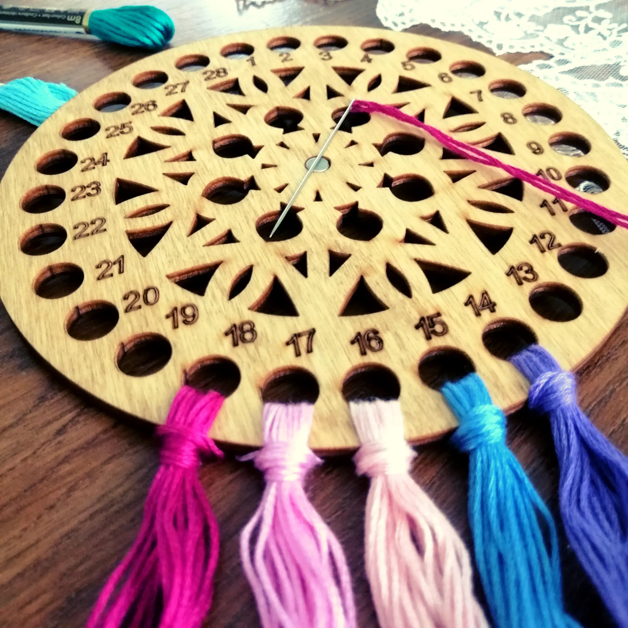 Wooden Cross Stitch Organizer with Small Needle Holder Magnet - Design6