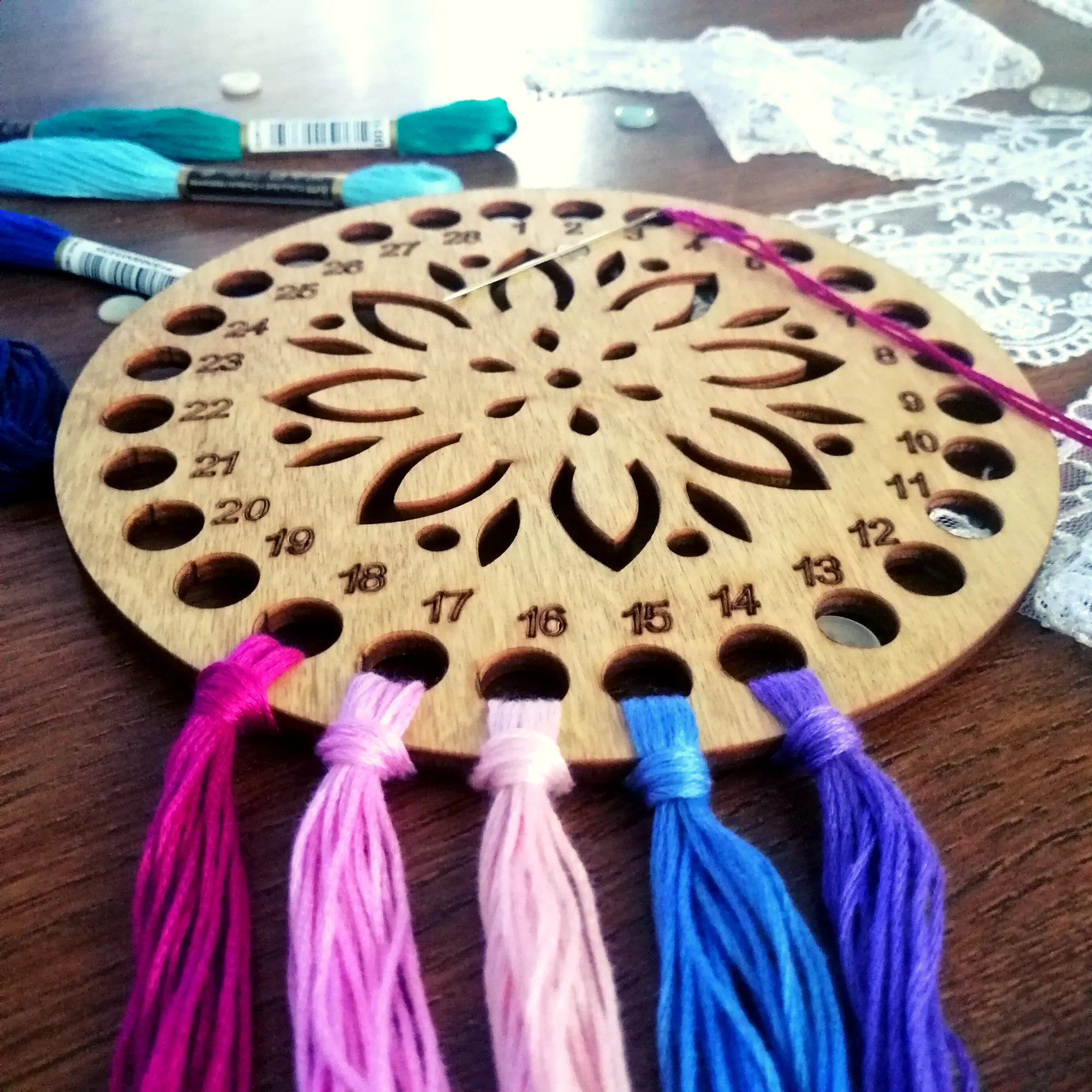 Wooden Cross Stitch Organizer with Small Needle Holder Magnet - Design12