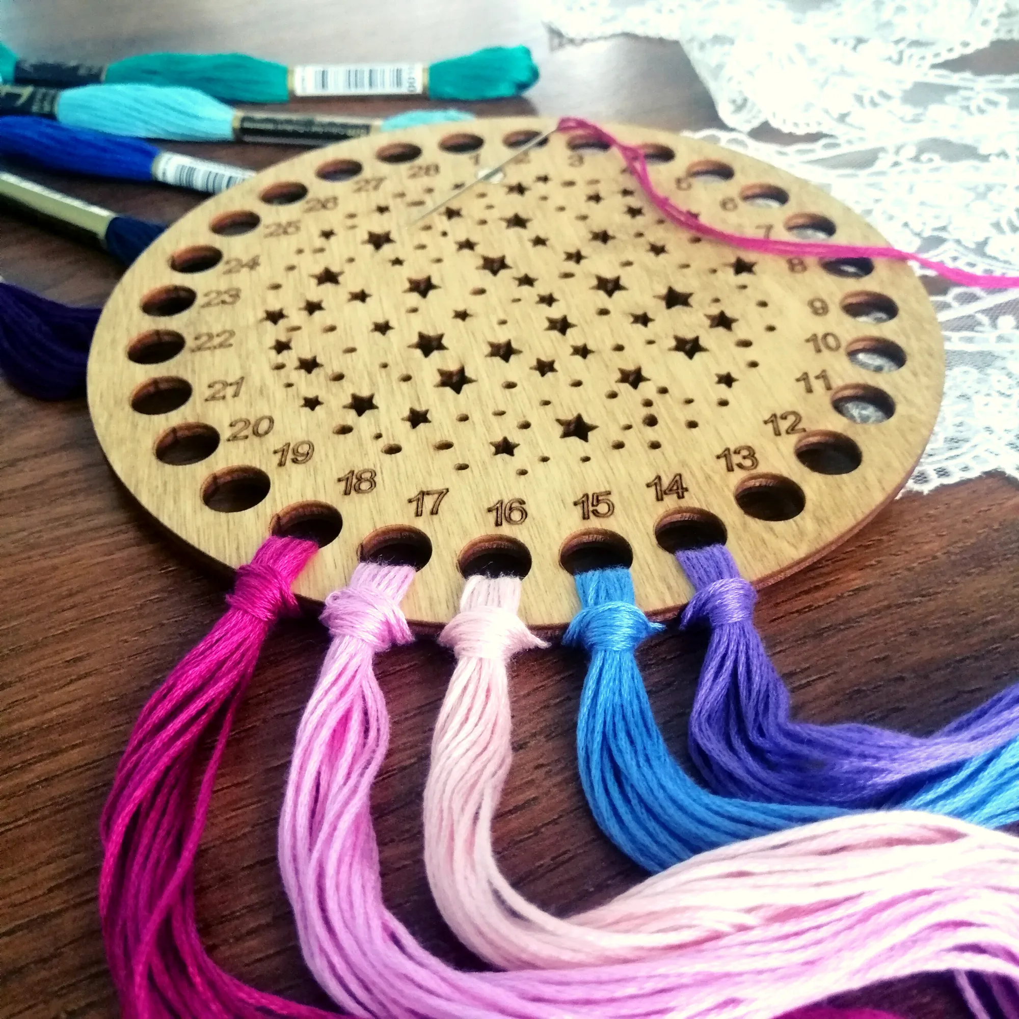 Wooden Cross Stitch Organizer with Small Needle Holder Magnet - Design9