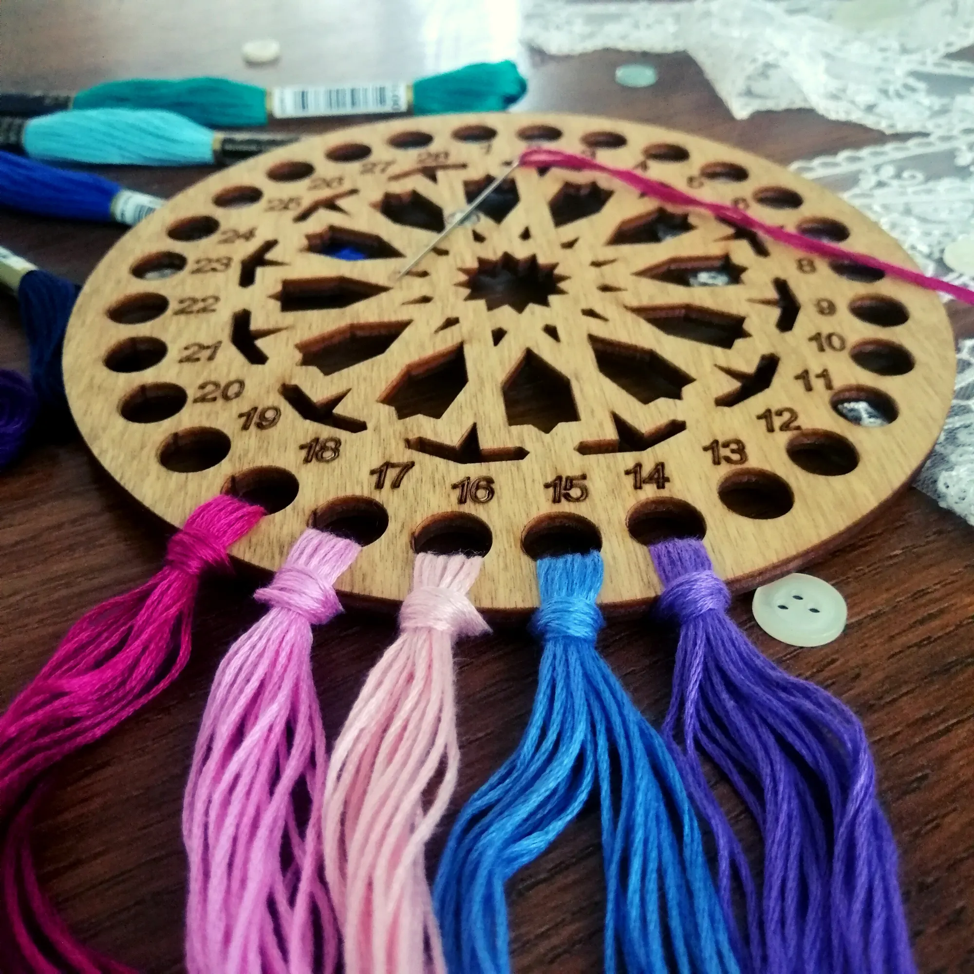 Wooden Cross Stitch Organizer with Small Needle Holder Magnet - Design11