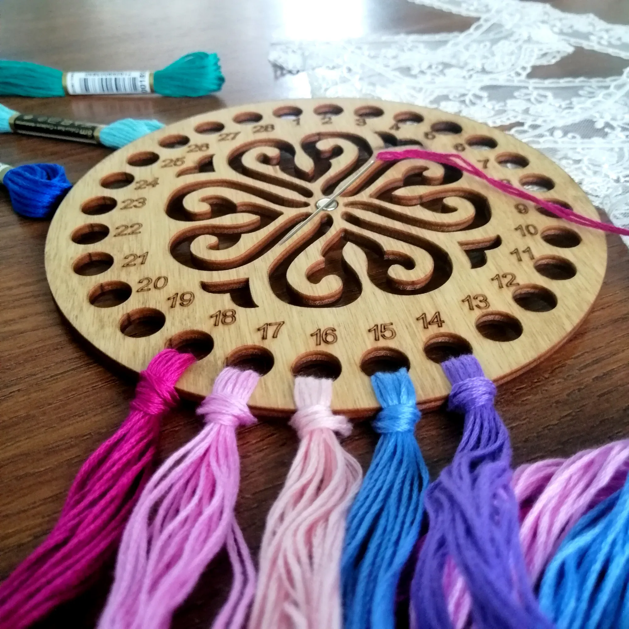 Wooden Cross Stitch Organizer with Small Needle Holder Magnet - Design7