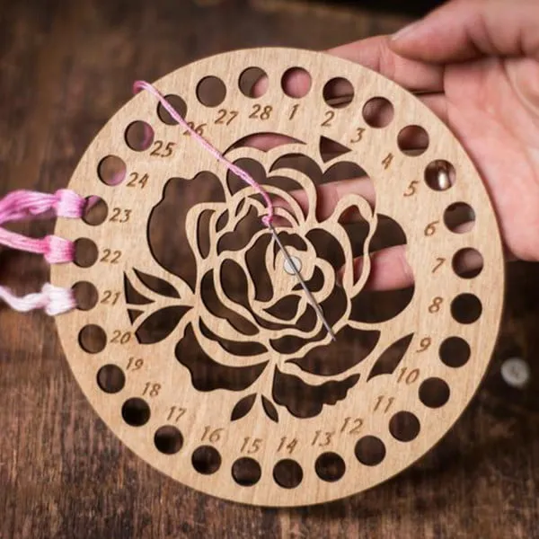 Lonjew Floral Round Thread Organizer with Needle Magnet, Filigree Wood Flower, Embroidery Sewing Floss Yarn Holder, Decorative Cross Stitch Keeper