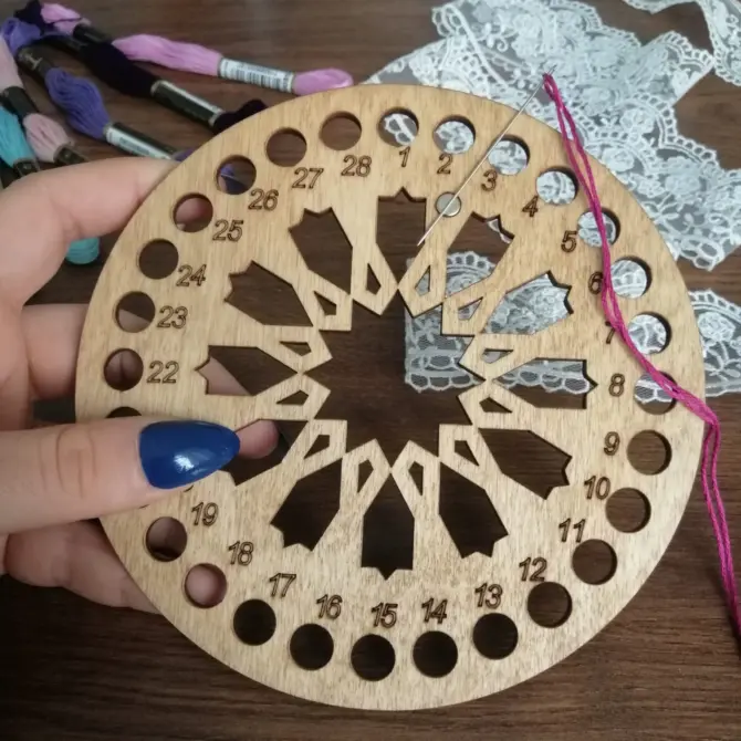 Lonjew Round Thread Sorter with Needle Holder Magnet - Wooden Art Embroidery Floss Organizer Design 1 - Image 2